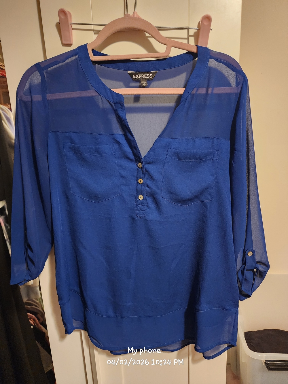 Express Women's Royal Blue Sheer Henley Blouse